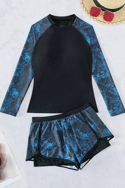 Tropical High Neck Shorts Long Sleeve Swimsuit for Women - Love Salve